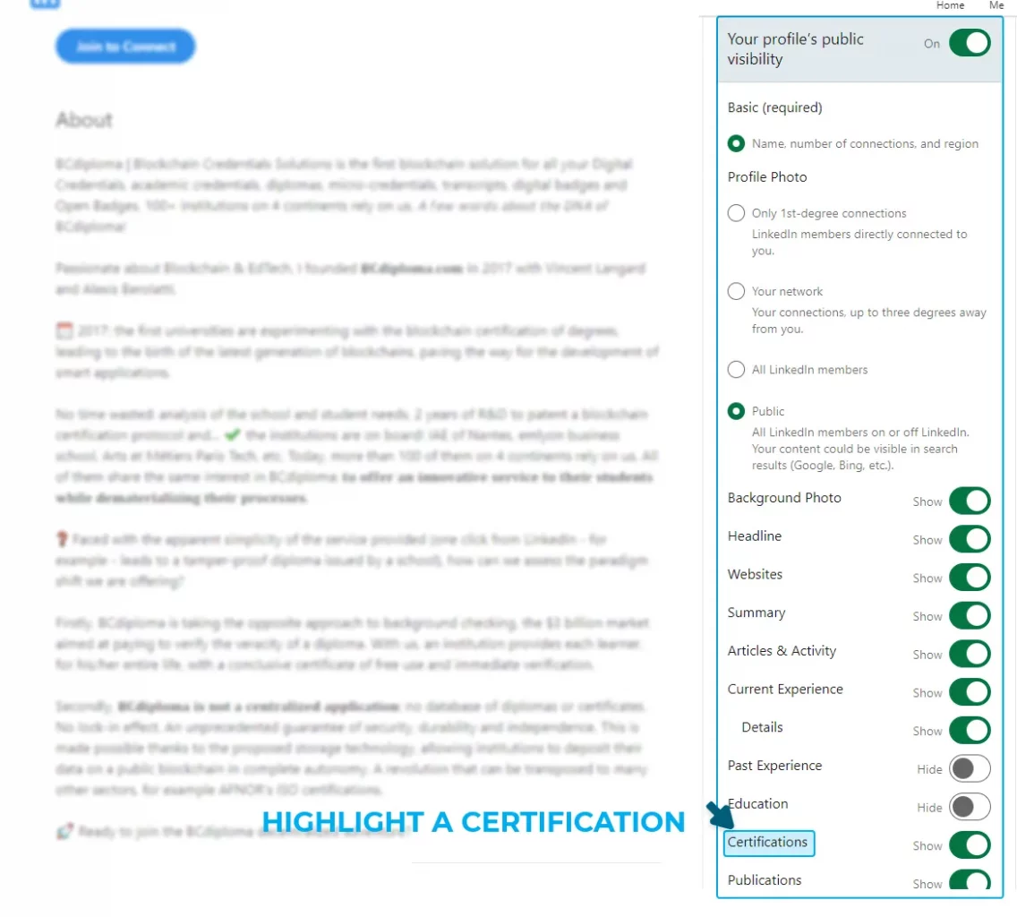 Toggle Show next to Certifications