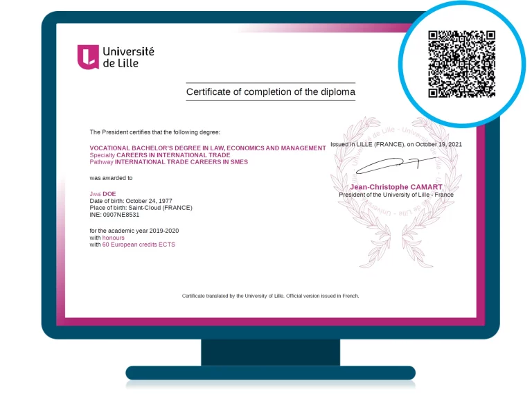 Certificate blockchain QR code University of Lille