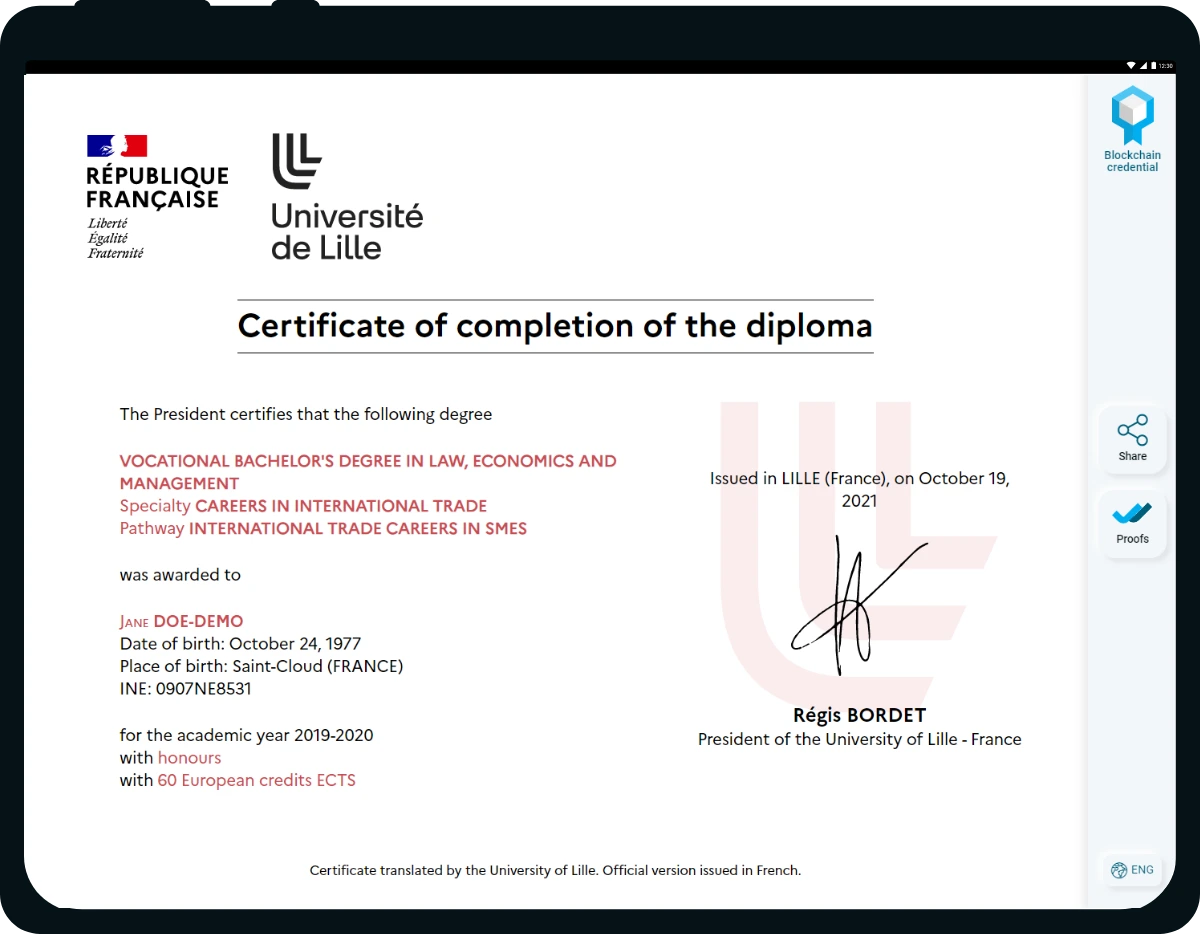 University of Lille - Certificat of completion