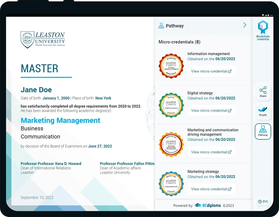 An example of a digital certificate with the “Pathway” panel open