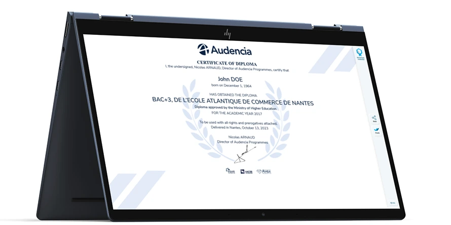 Sample of the digital credential Audencia made by BCdiploma