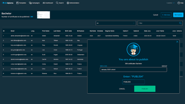 Mass sending platform interface for digital credentials