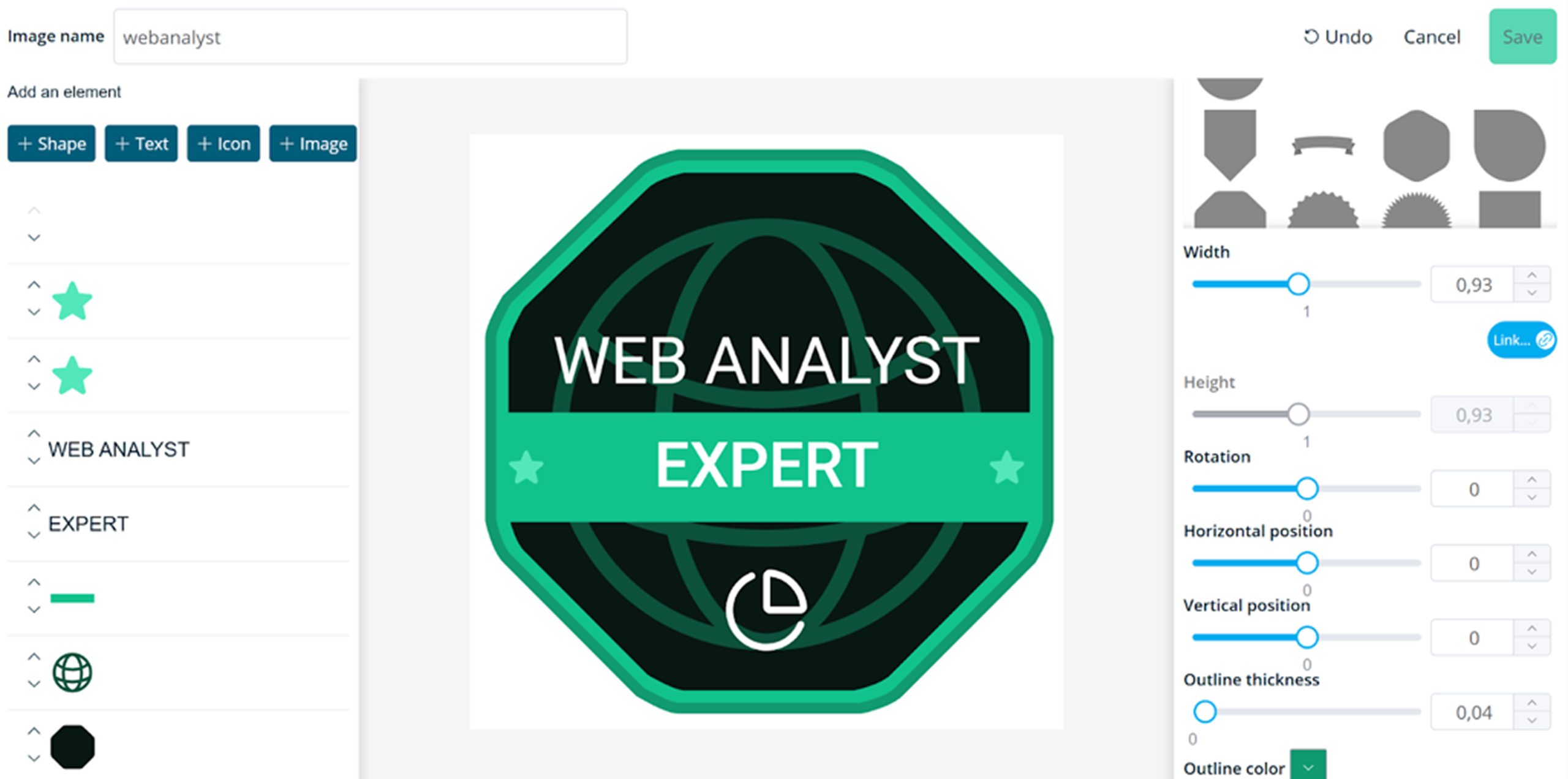 Badge editor with options to change text, color, and logo