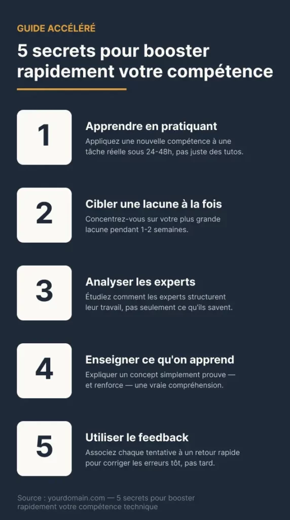 Illustration synthétisant 5 secrets pour accélérer sa maîtrise technique : apprendre par la pratique, cibler une seule lacune, décoder la méthode des experts, transmettre ses acquis, exploiter les retours d'expérience