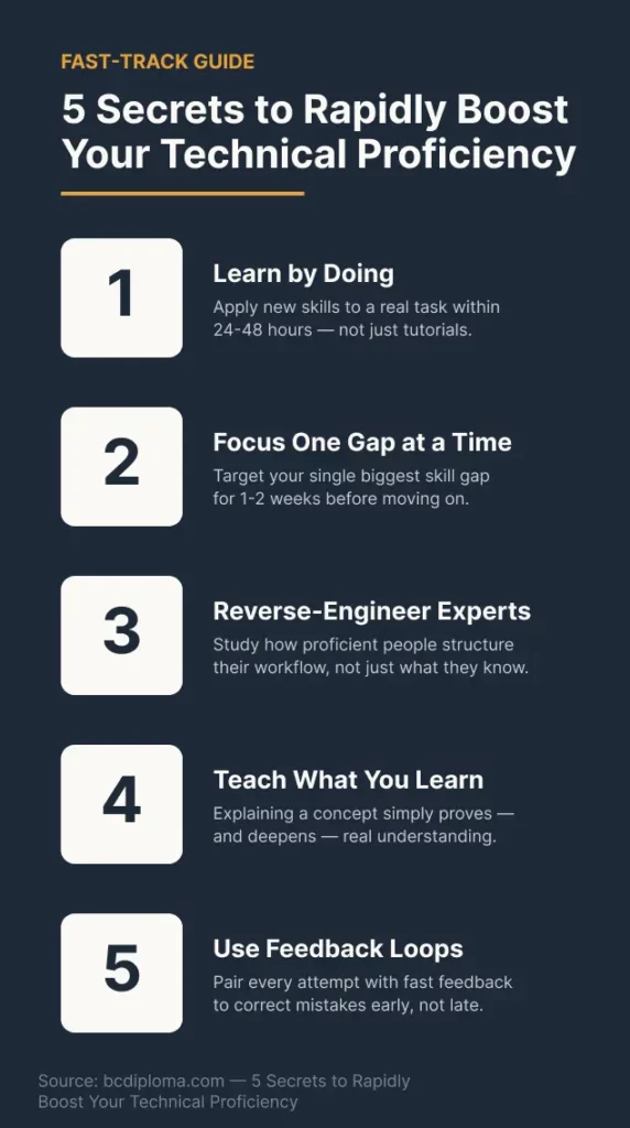 Visual list of 5 secrets to rapidly boost technical proficiency: learn by doing, focus on one skill gap, reverse-engineer experts, teach what you learn, use feedback loops