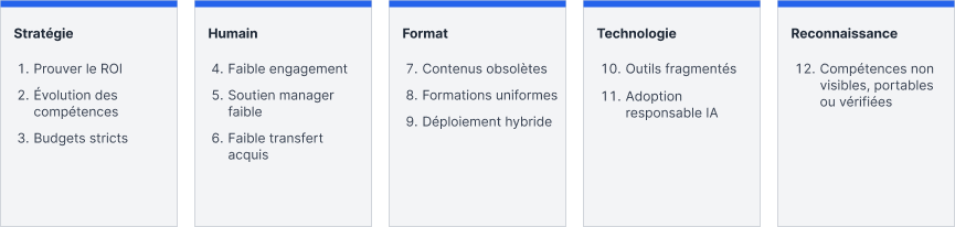 Schéma présentant les cinq catégories de défis de la formation et du développement : stratégie, humain, format, technologie et reconnaissance