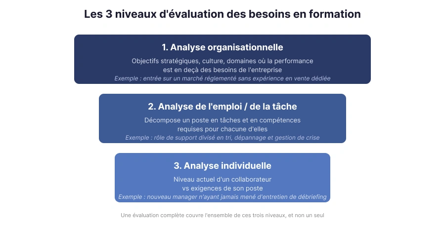 Les trois niveaux d'évaluation des besoins en formation : organisationnel, emploi/tâche et individuel